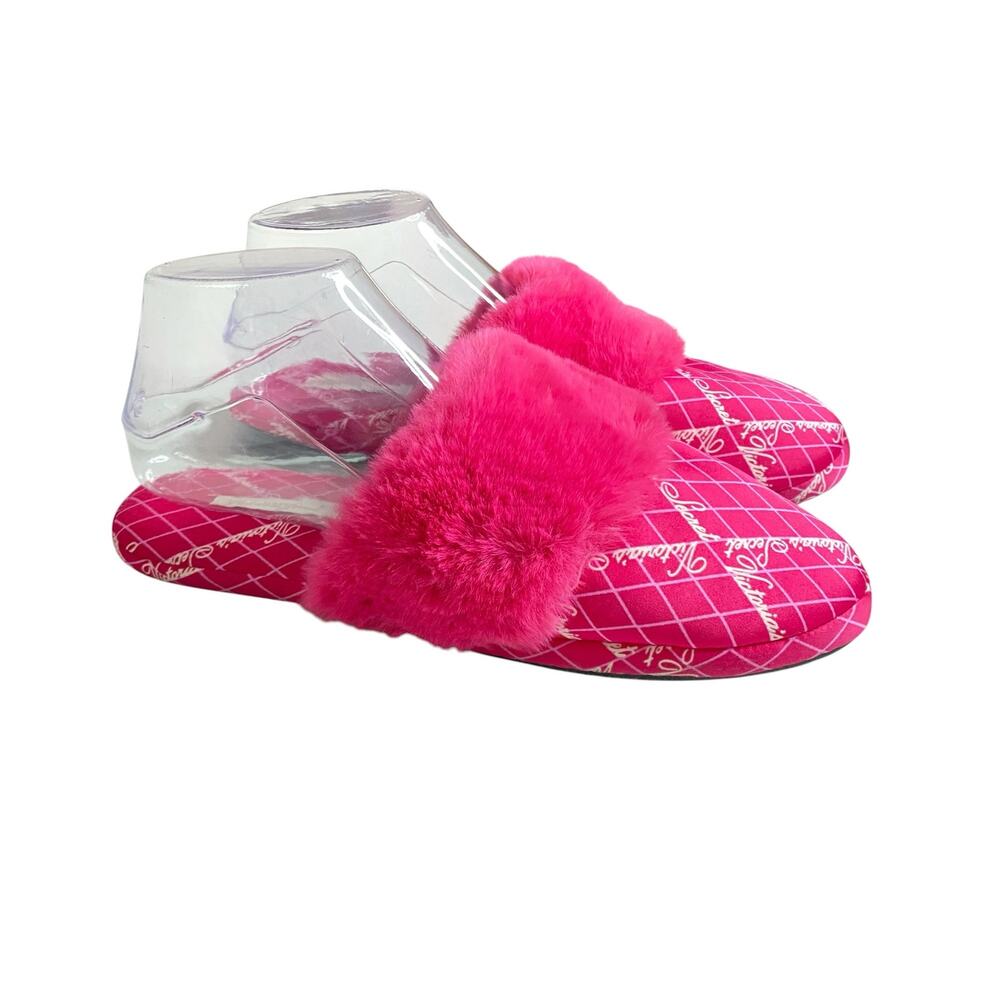Victoria's Secret Faux Fur Satin Slippers Pink Logo Cozy Medium 7-8 Loungewear